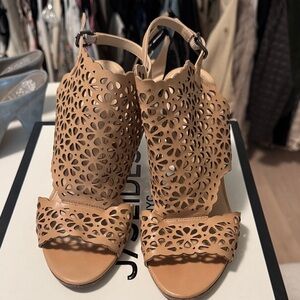 Via Spiga Tan Floral Cutout Sandals